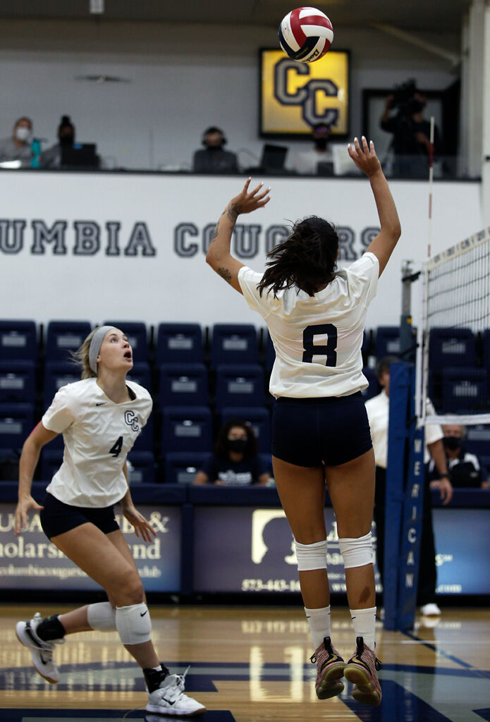 Columbia College sophomore Luisa Ferreira sets the ball for freshman Ellie Crede